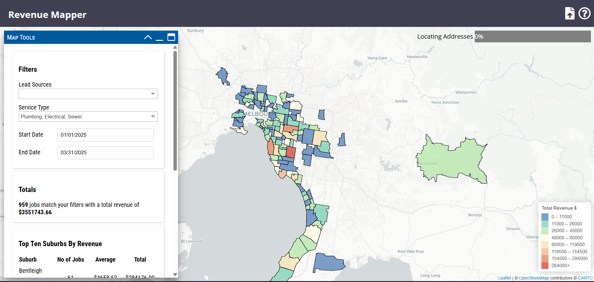 Interactive Web Map - Revenue by Suburb in Australia - Mapbox