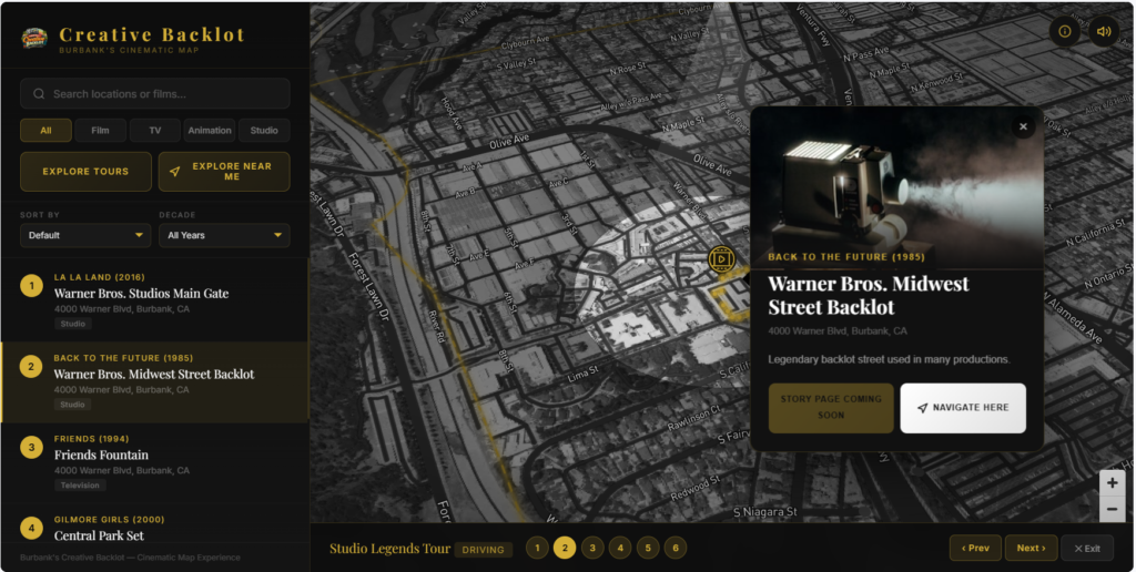 Interactive Cinematic Mapbox Story Map for Burbank's Creative Backlot